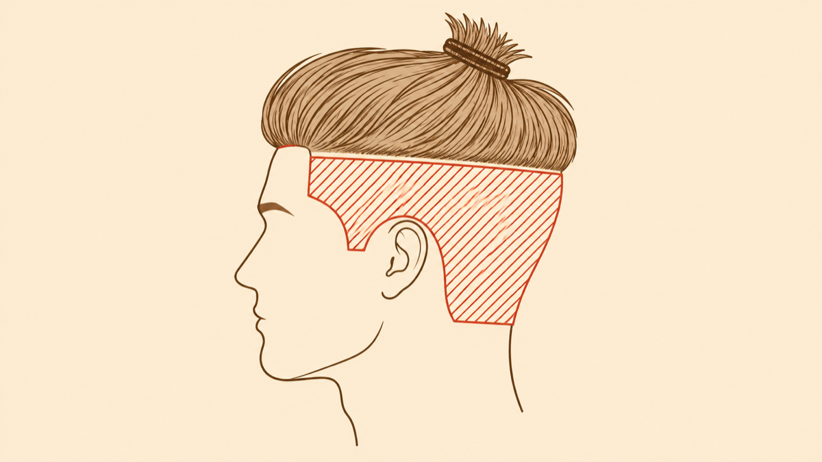 ツーブロックをセルフカットするときの図解。上の髪はヘアバンドで上げて残し、こめかみから耳の上を通って襟足へ続く帯状の部分だけを刈り上げる